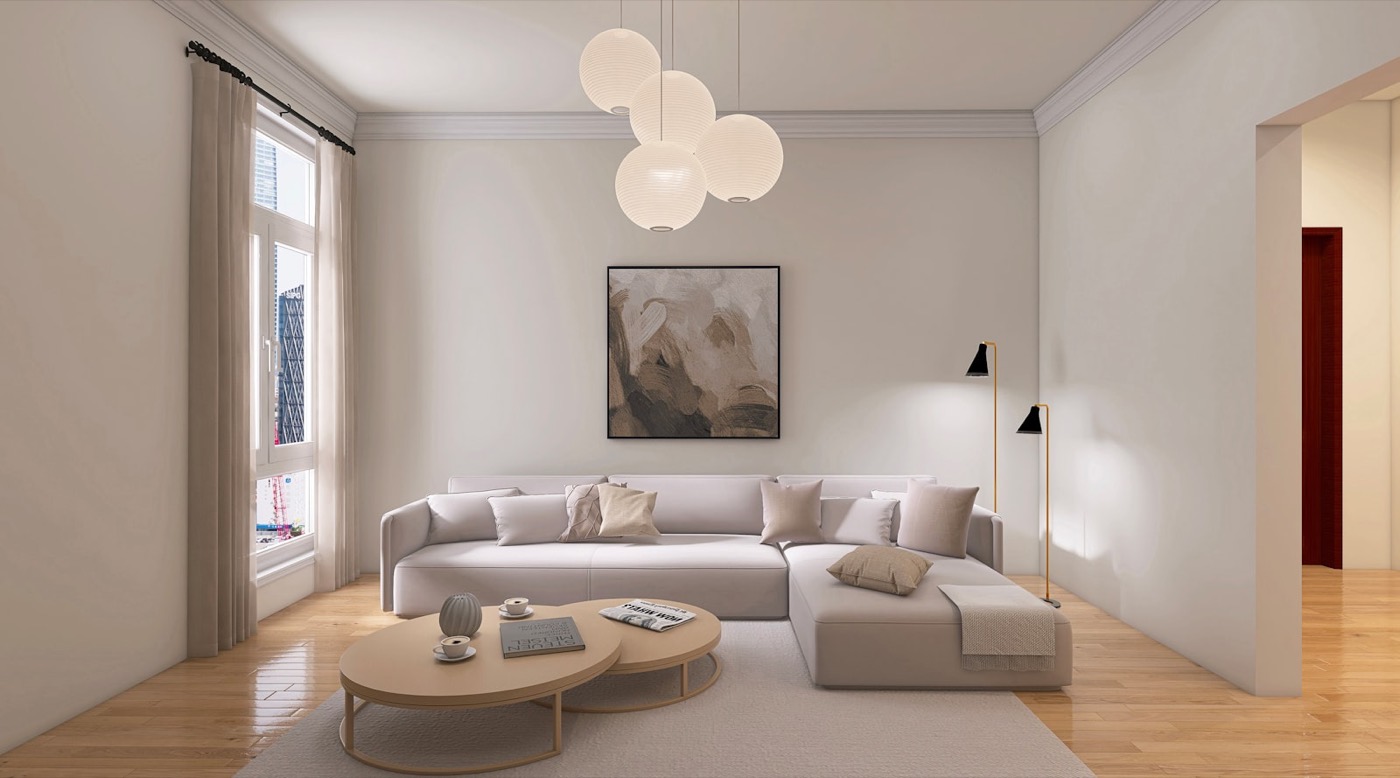 Jasny salon z dużymi oknami